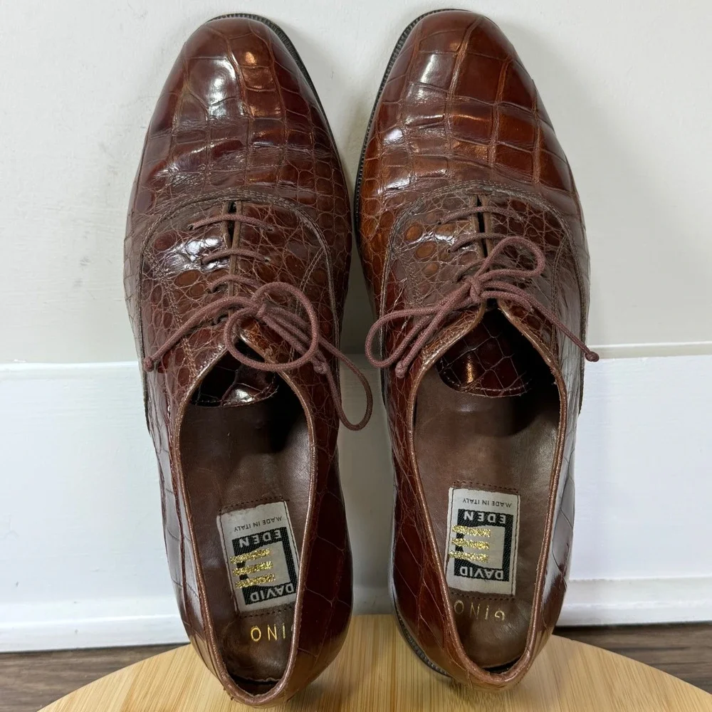 David Eden Gino Oxford Men 9.5M Brown Alligator Exotic Leather Italy Formal Rare